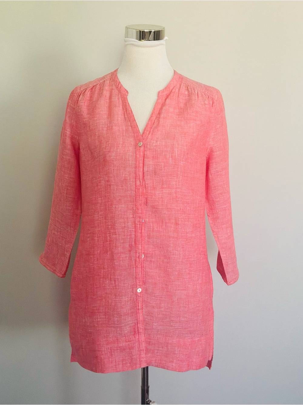 Kenar 100 Pct Linen Long Button Down Coral Pink Tunic Top Side Pockets Small